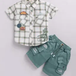 UNO KIDS Boys White & Green Cotton Checks Top & Short sets-image-3