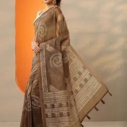 Libas Brown Printed Saree With Unstitched Blouse image 3