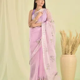 Sutra Attire Purple Hand Embroidered Floral Kota Doria Saree-image-67