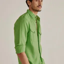 ANDAMEN Green Regular Fit Linen Shirt image 3
