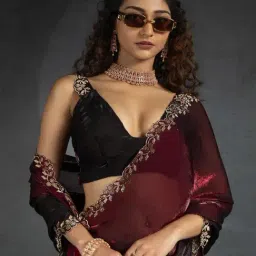 Saree Mall Burgundy Satin Embellished Saree with Blouse Piece image 4