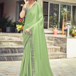 Satrani Green Embellished Saree With Unstitched Blouse image 3