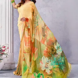 Satrani Yellow Printed Saree With Unstitched Blouse image 3