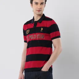 U.S. Polo Assn. Red & Black Cotton Slim Fit Striped Polo T-Shirt image 3