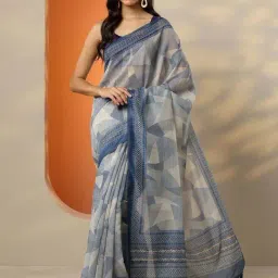 Libas Blue Printed Saree With Unstitched Blouse-picture-13
