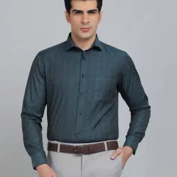 Greenfibre Teal Cotton Slim Fit Geometric Shirt-image-9