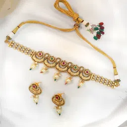 Niscka 24K Gold Plated Artificial Stones and Beads -Studded Necklace With Drop Earrings-picture-26
