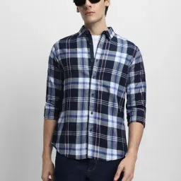 Dennis Lingo Navy Cotton Slim Fit Checks Shirt-picture-17