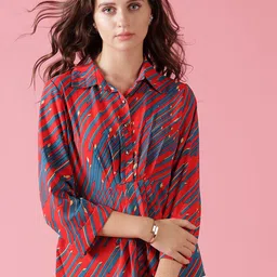 Gipsy Women Red & Blue Geometric Striped Polyester Shirt Style Top-image-24