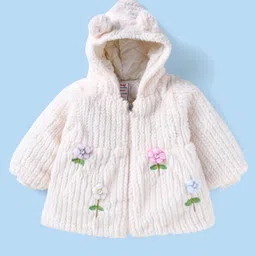 Babyhug Fur Woven Full Sleeves Hooded Winter Jacket with Floral Applique - White-image-9