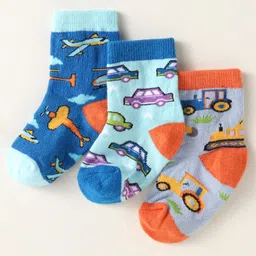 Cute Walk By Babyhug Anti-Bacterial Ankle Length Pack of 3 With Vehicle Print - Grey Blue & Navy Blue-picture-14