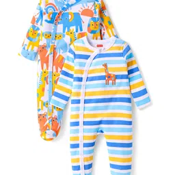Babyhug Cotton Knit Full Sleeve Footed Sleepsuits With Stripes & Animal Pack Of 2 - Light Blue & White-picture-12