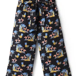 CrayonFlakes Cotton Flamingo & Beach Theme Printed Belted Palazzo - Black image 1