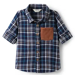 Bonfino Cotton Flannel Checkered Shirt with Contrast Pocket - Navy Blue-picture-21