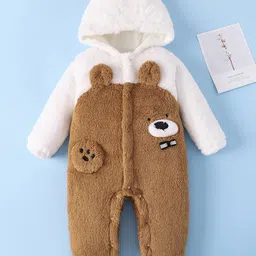 Mark & Mia Full Sleeves Winter Wear Hooded Romper With Teddy Bear Embroidery - Brown & White-picture-29