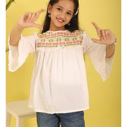 ISHTI Rayon Woven Three Fourth Bell Sleeves Abstract Embroidered Top - White-picture-24