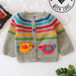 Woonie Hand Knit Full Sleeves Bird Designed Sweater - Grey-picture-35