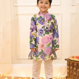 KID1 Silk Woven Full Sleeves Floral Printed Kurta Pyjama Set - Blue-picture-23