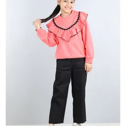 Aww Hunnie Full Sleeves Frill Detailed & Lace Embellished Autumn Winter Wear Sweatshirt With Side Pockets Lower - Peach image 4