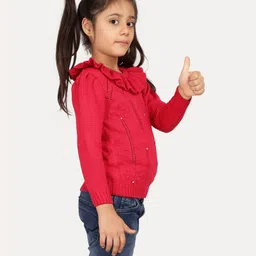 JoE Hazel Full Sleeves Self Designed & Pearls Embellished Sweater - Hot Pink image 4