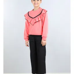 Aww Hunnie Full Sleeves Frill Detailed & Lace Embellished Autumn Winter Wear Sweatshirt With Side Pockets Lower - Peach image 5