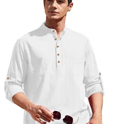 APEKTRA Band Collar Roll-Up Sleeves Straight Short Kurta-picture-26