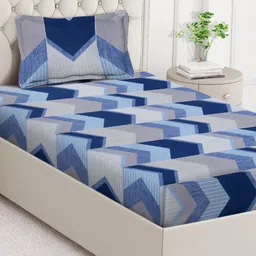Aura Blue & White Geometric Printed 350 TC Single Bedsheet Set 2.15 m x 1.50 m image 5