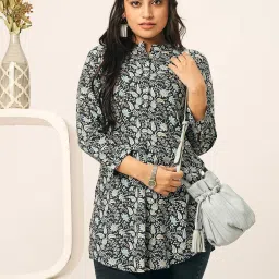 Odette Blue Cotton Floral Print Straight Kurti image 3