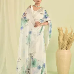 Sutra Attire White Floral Design Linen Saree-image-18