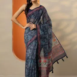 Libas Blue Floral Print Saree With Unstitched Blouse-picture-15