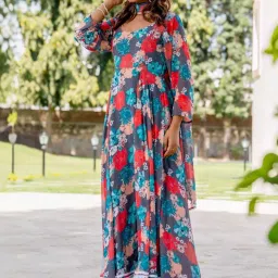 HOUSE OF JAMOTI Grey Printed Anarkali Kurta With Dupatta image 3