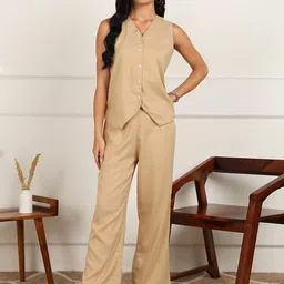 DressBerry Beige V-Neck Sleeveless Waistcoat With Trouser-image-54