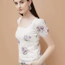 Code By Lifestyle Light Beige Regular Fit Floral Print Top image 3