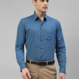 Hancock Blue Cotton Slim Fit Checks Shirt-image-29