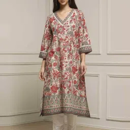 Biba Off White Cotton Straight Fit Floral Print Kurta-image-81