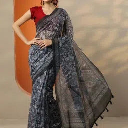 Libas Grey Floral Print Saree With Unstitched Blouse-picture-31