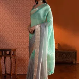Taneira Green & Grey Woven Saree With Unstitched Blouse image 3