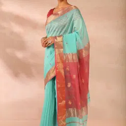 Taneira Sea Green & Red Woven Saree With Unstitched Blouse image 3