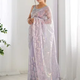 Saree Mall Lavendar Net Embellished Saree with Blouse Piece image 3