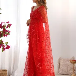 Saree Mall Red Net Embellished Saree with Blouse Piece image 3