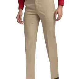 Raymond Beige Contemporary Fit Check Flat Front Trousers image 3