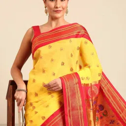 Varkala Silk Sarees Yellow & Red Woven Saree With Unstitched Blouse image 3