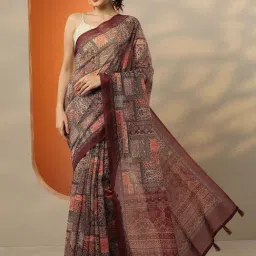 Libas Brown Printed Saree With Unstitched Blouse image 1