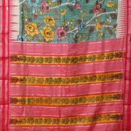 Unnati Silks Green & Pink Silk Printed Saree With Unstitched Blouse image 3