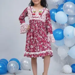 Little Bansi Girls Maroon Regular Fit Printed Dress-image-6