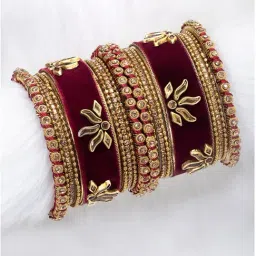 Peora Gold Plated Maroon Velvet Silk Thread Chooda Bangle Set-image-70