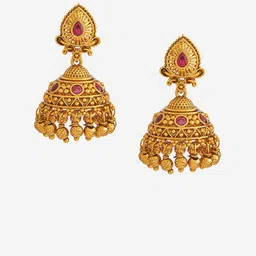 Kushal's Fashion Jewellery Women Ruby Gold-Plated Dome Shaped Antique Jhumkas Earrings image 2