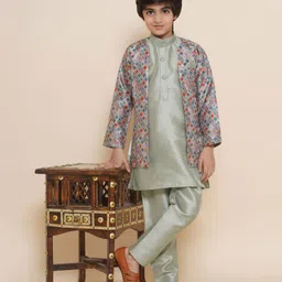 AJ Dezines Full Sleeves Solid Kurta & Pyjama With Seamless Motif Printed & Striped Designed Thread Work Detailed Jacket - Pista Green-picture-39