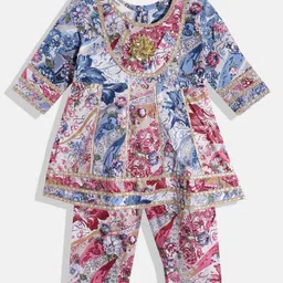 READIPRINT Three Fourth Sleeves Abstract Floral Motif Lace Embellished & Anarkali Style Printed Kurta Pajama Set - Blue-picture-13