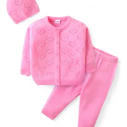 Babyhug Knitted Full Sleeves Front Open Sweater Set With Heart Design & Cap - Pink-picture-34